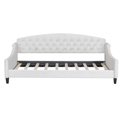 Modern Tufted Button Daybed in white upholstery with tufted back, curved arms, and slat support on Tampa Home & Garden Store