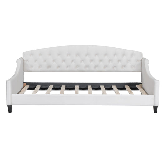 Modern Tufted Button Daybed in white upholstery with tufted back, curved arms, and slat support on Tampa Home & Garden Store
