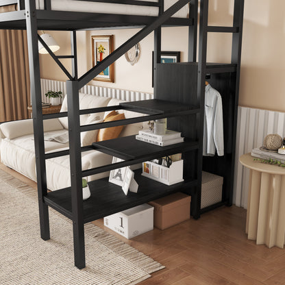 Twin size loft bed with stairs, black metal frame with built-in storage shelves on Tampa Home & Garden Store
