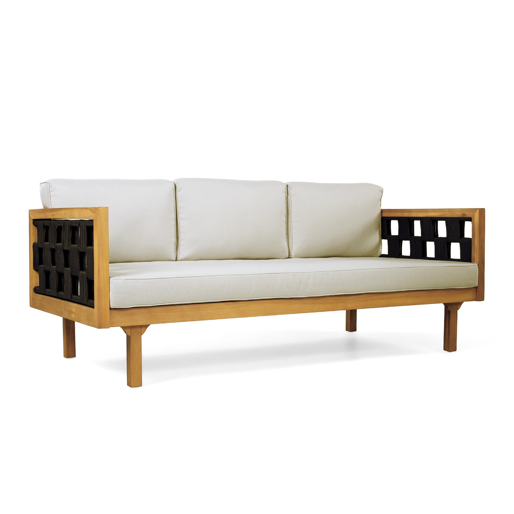 Three-Seater outdoor daybed with acacia wood teak finish frame and white cushions on Tampa Home & Garden Store