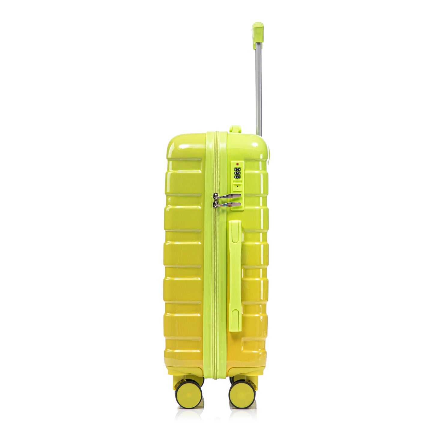 Hard-shell PC spinner luggage in lime green with built-in lock and extended handle on Tampa Home & Garden Store