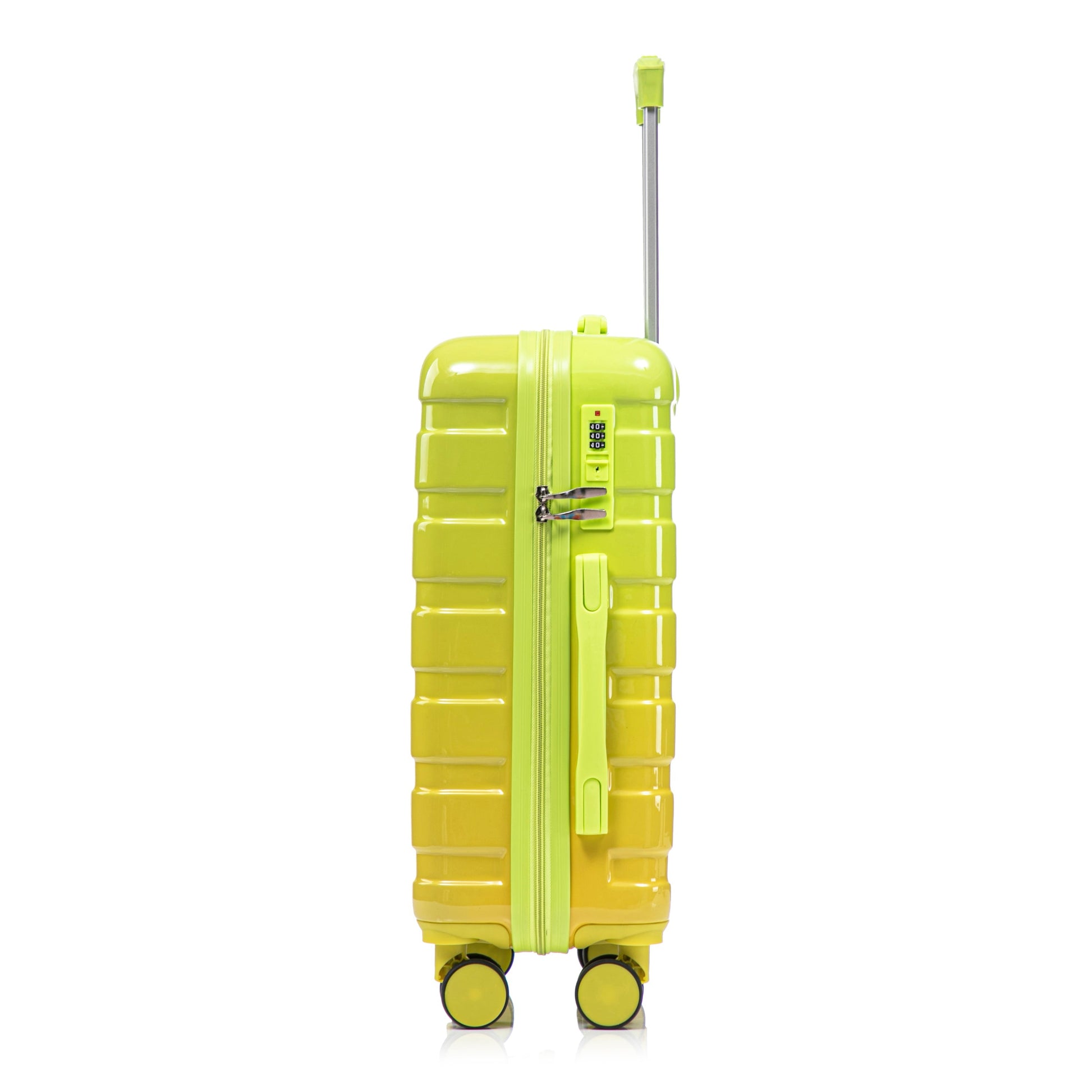 Hard-shell PC spinner luggage in lime green with built-in lock and extended handle on Tampa Home & Garden Store