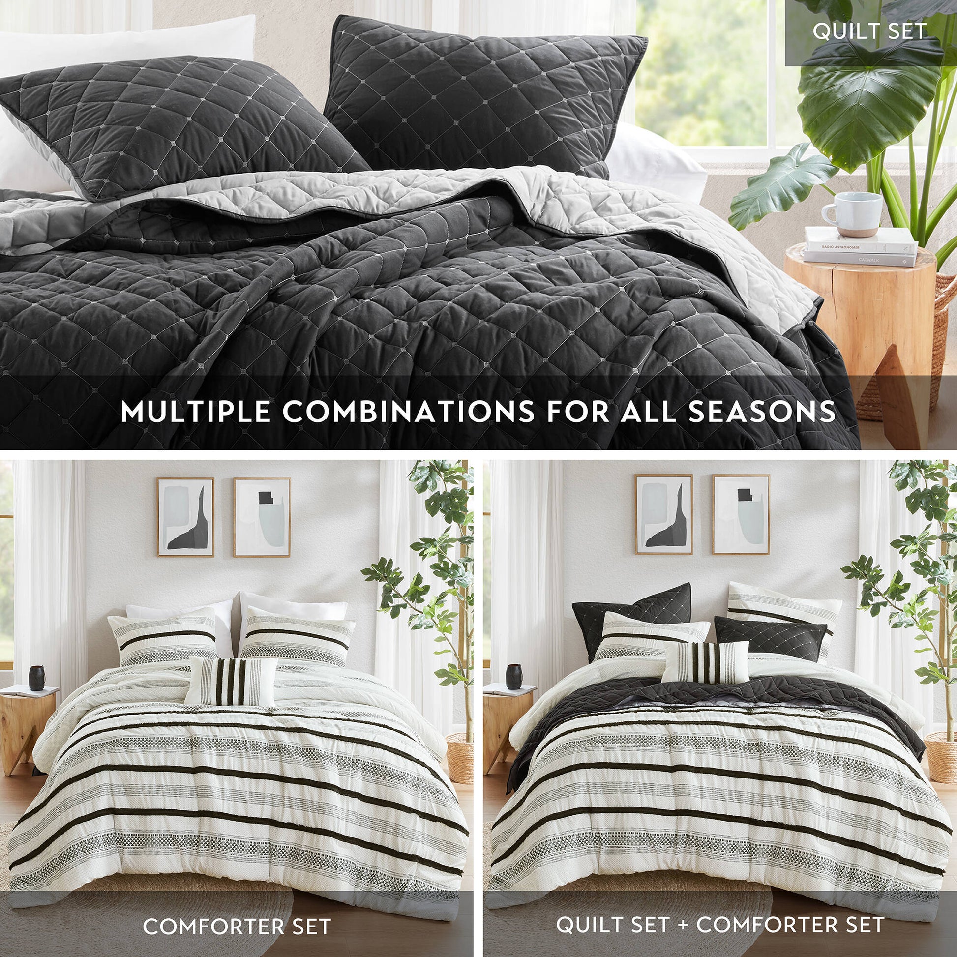 7 Piece Stripe Comforter and Quilt Set dark quilt with diamond quilting, by HouseOfZazla on Tampa Home & Garden Store