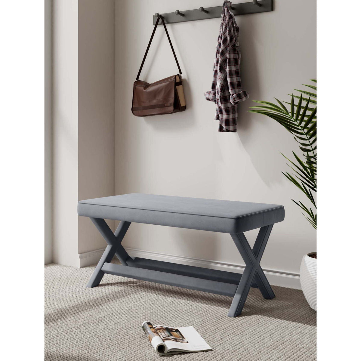 Accent bench with piped cushion in blue-gray and solid wood frame by HouseOfZazla on Tampa Home & Garden Store