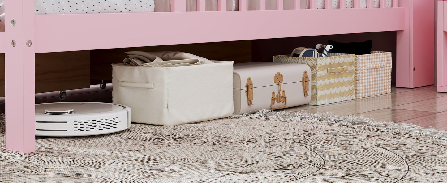 Bed with pink storage rack and 2 under-bed drawers; beige bins under frame on Tampa Home & Garden Store