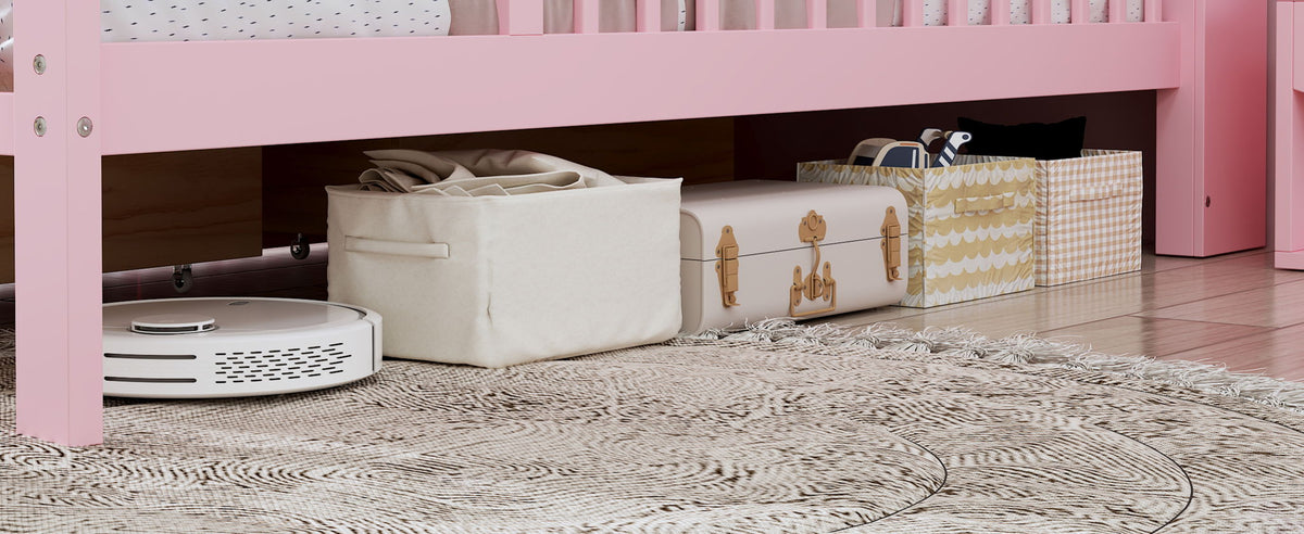Bed with pink storage rack and 2 under-bed drawers; beige bins under frame on Tampa Home & Garden Store
