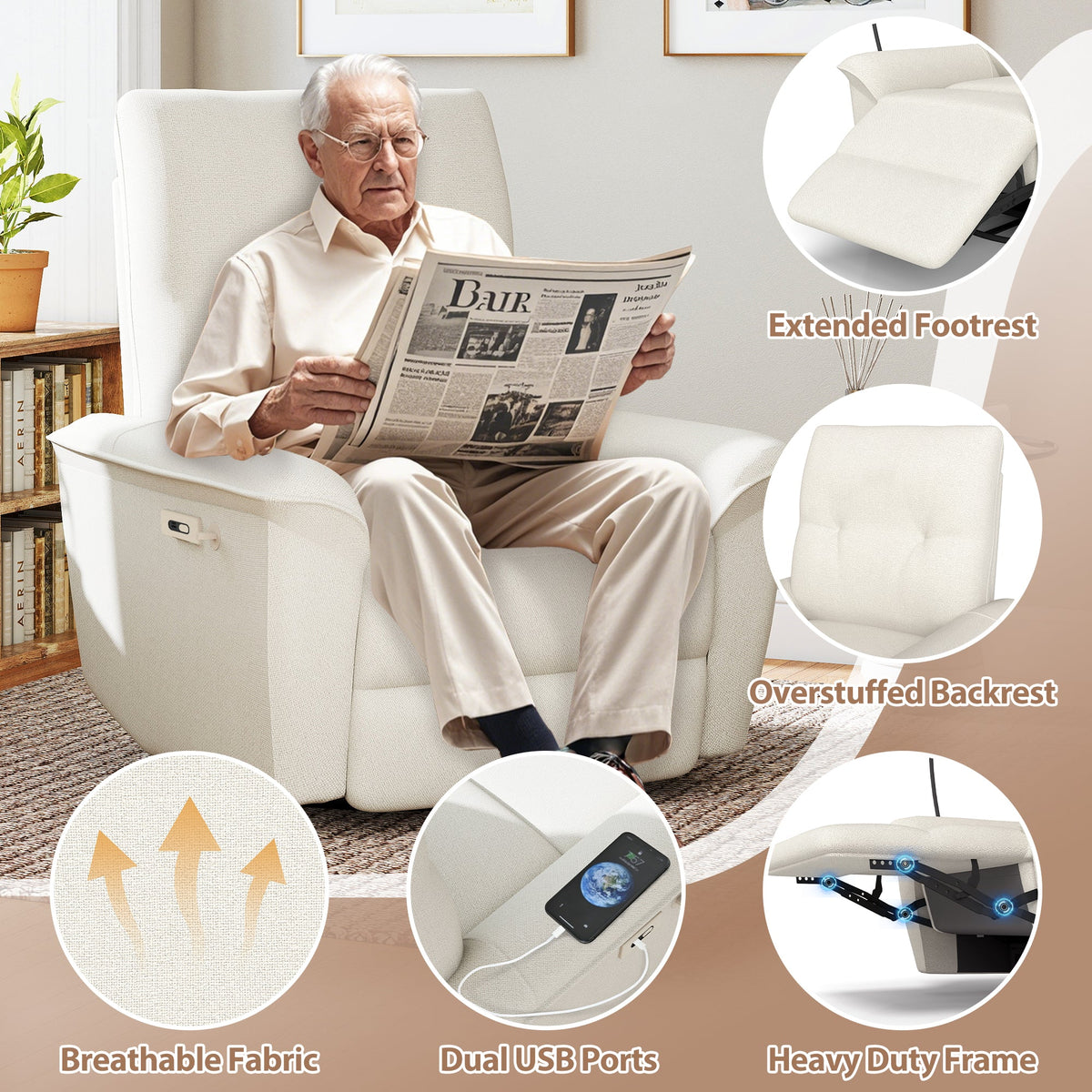 270° power swivel rocker recliner with phone holder in light beige breathable fabric on Tampa Home & Garden Store