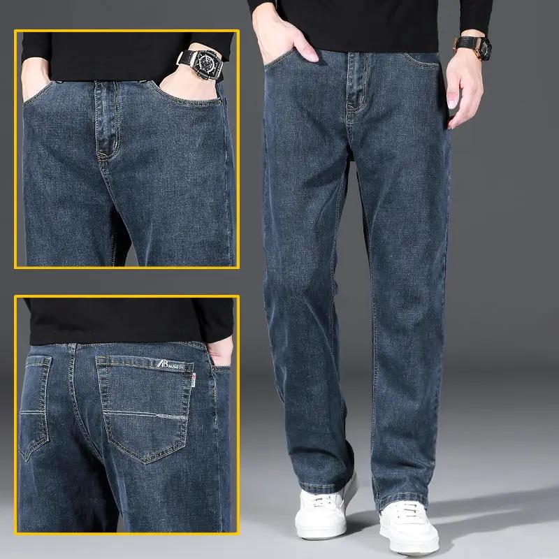 High Elastic Men's Straight Loose Spring And Autumn Jeans blue denim FLIPSTYLEZLLC pockets on Tampa Home & Garden Store