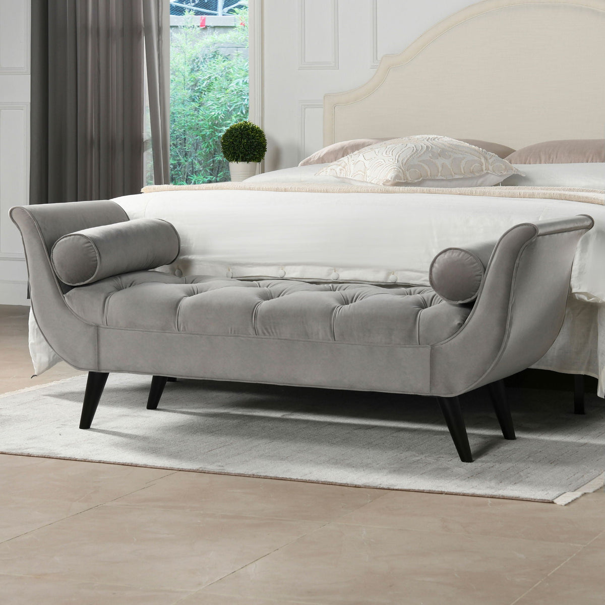 Tufted Flared Arm Entryway Bench in gray velvet with black tapered legs on Tampa Home & Garden Store