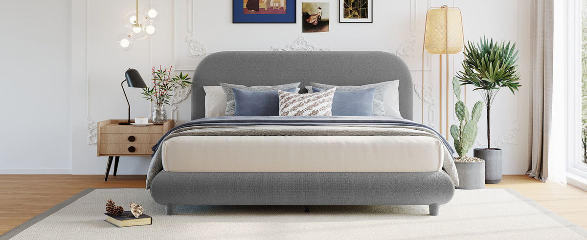 Upholstered platform bed in grey with thick curved solid frame by HouseOfZazla on Tampa Home & Garden Store