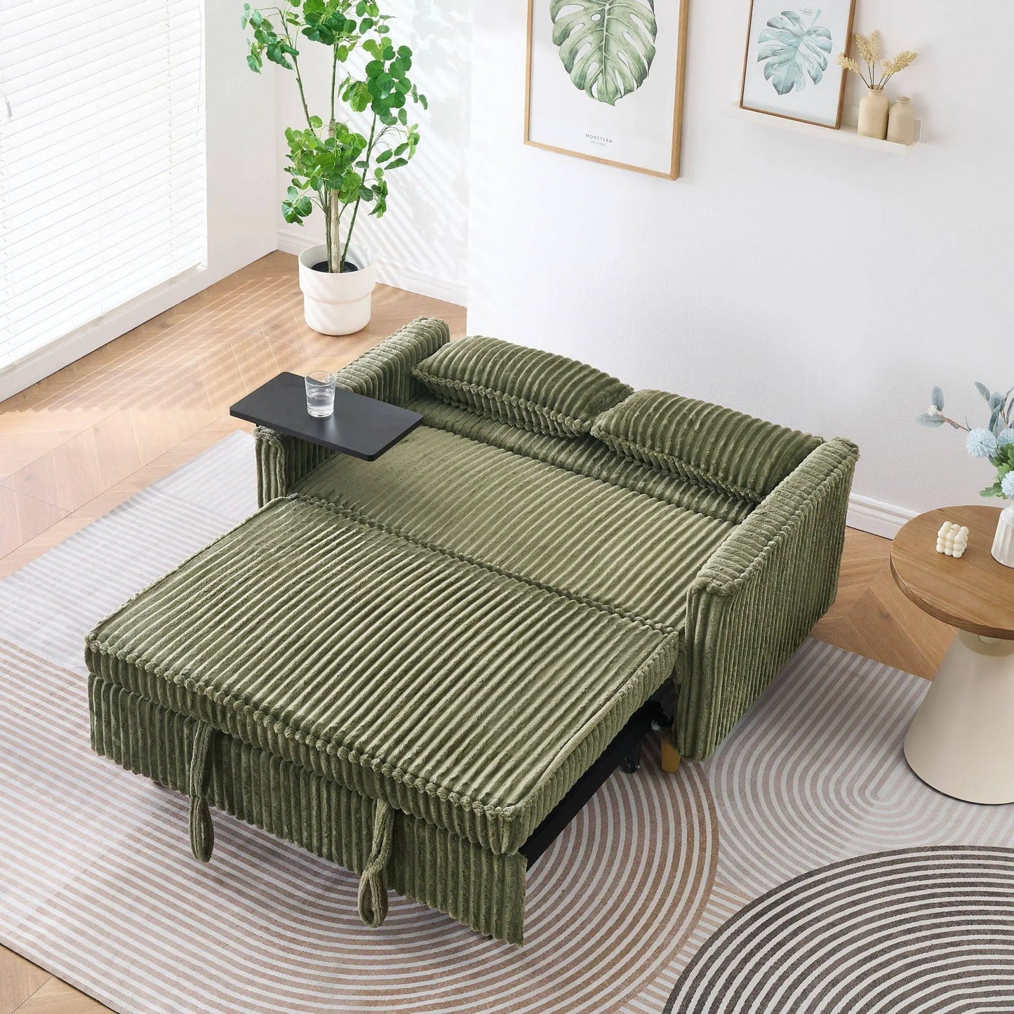 Pull Out Sofa With Movable Tabletop sleeper olive-green corduroy with USB ports on Tampa Home & Garden Store