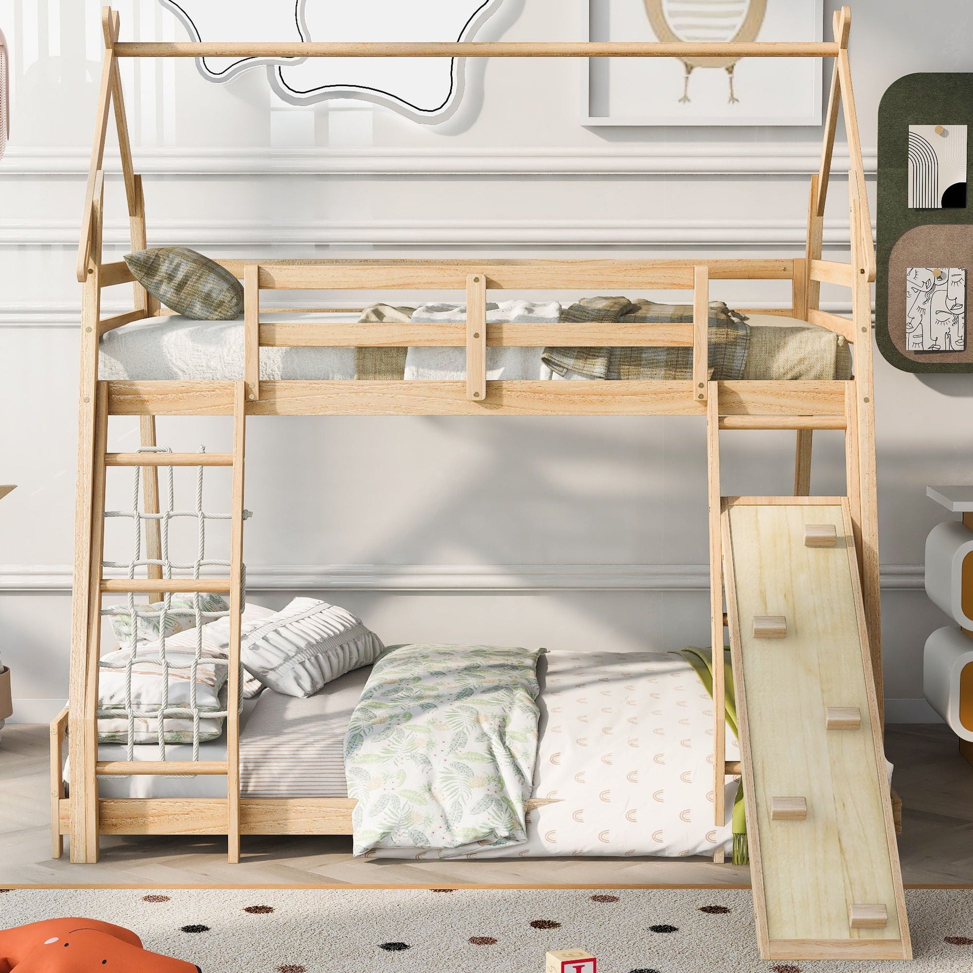 Twin Over Queen House Bunk Bed in natural wood with climbing nets and ramp by HouseOfZazla on Tampa Home & Garden Store