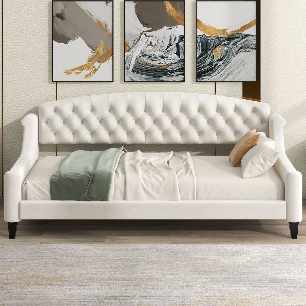 HouseOfZazla Modern Tufted Daybed ivory upholstery with three framed abstract art panels on Tampa Home & Garden Store