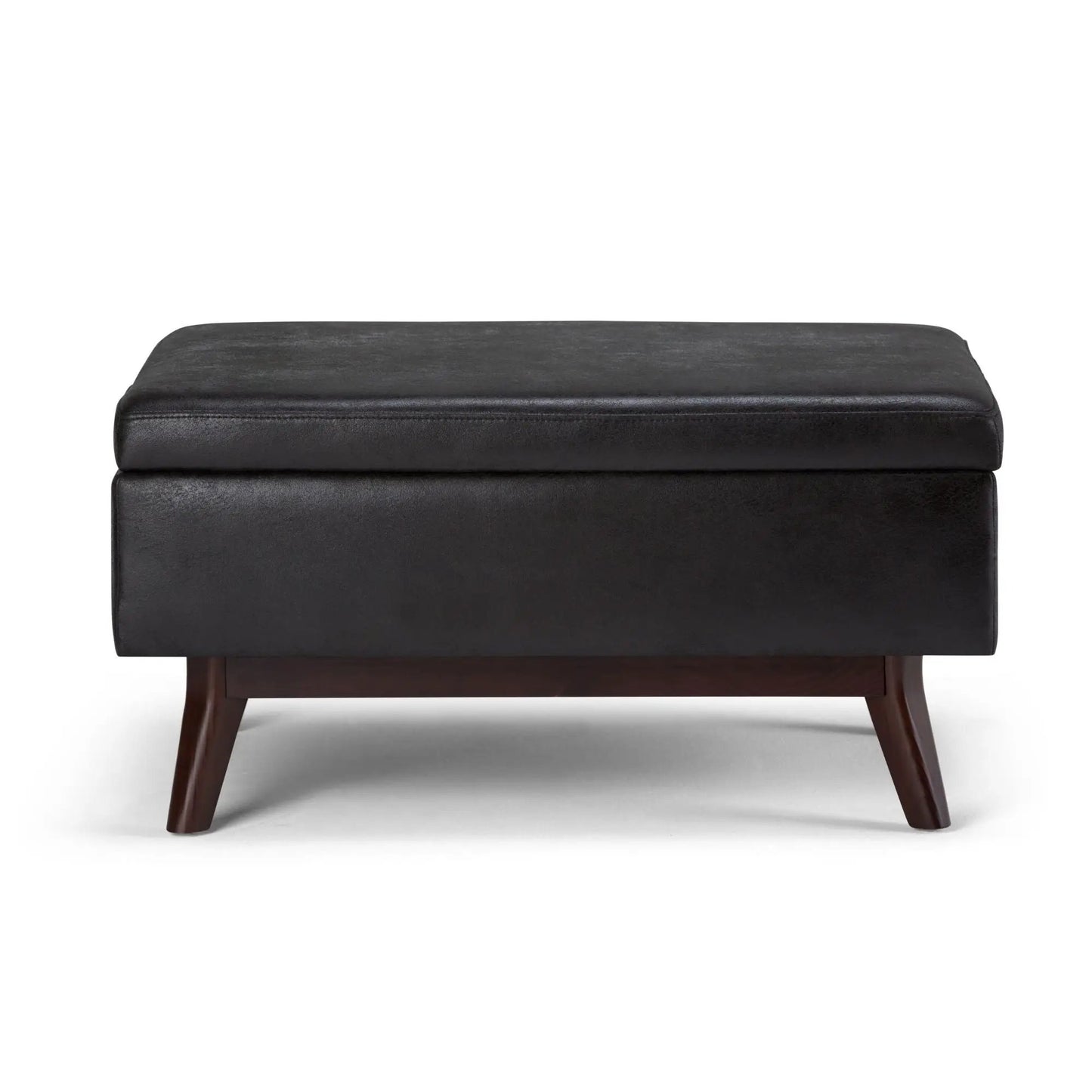 Owen Upholstered Rectangular Storage Ottoman in black faux leather with wooden legs on Tampa Home & Garden Store