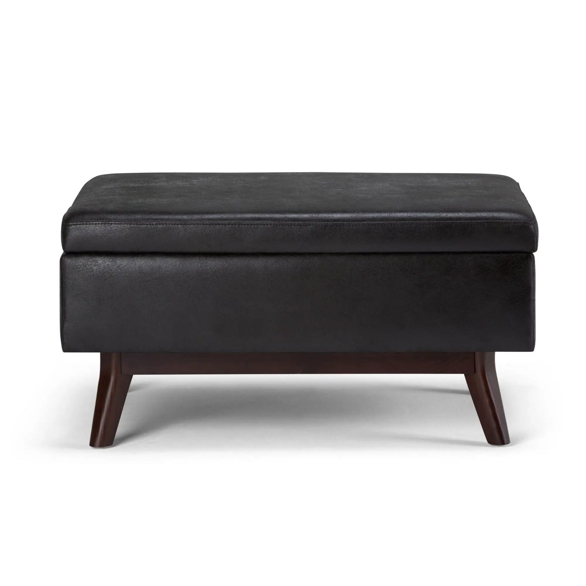 Owen Upholstered Rectangular Storage Ottoman in black faux leather with wooden legs on Tampa Home & Garden Store