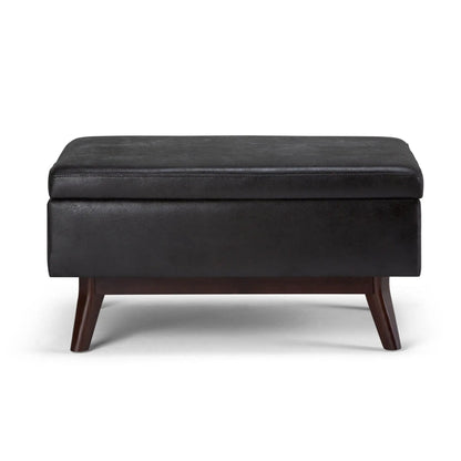 Owen Upholstered Rectangular Storage Ottoman in black faux leather with wooden legs on Tampa Home & Garden Store