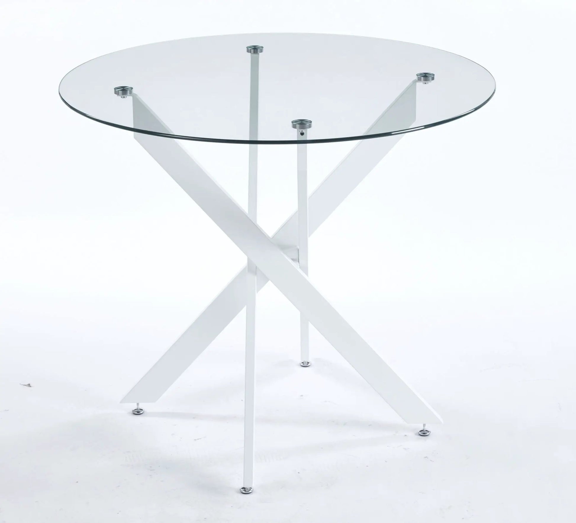 Dining table tempered-glass round top with cross metal legs modern space-saving design on Tampa Home & Garden Store