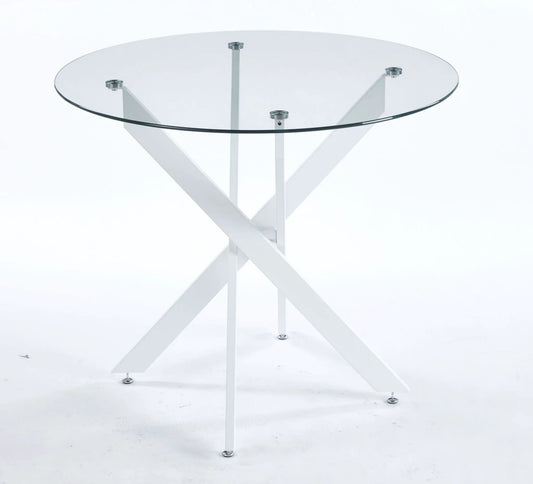 Dining table tempered-glass round top with cross metal legs modern space-saving design on Tampa Home & Garden Store