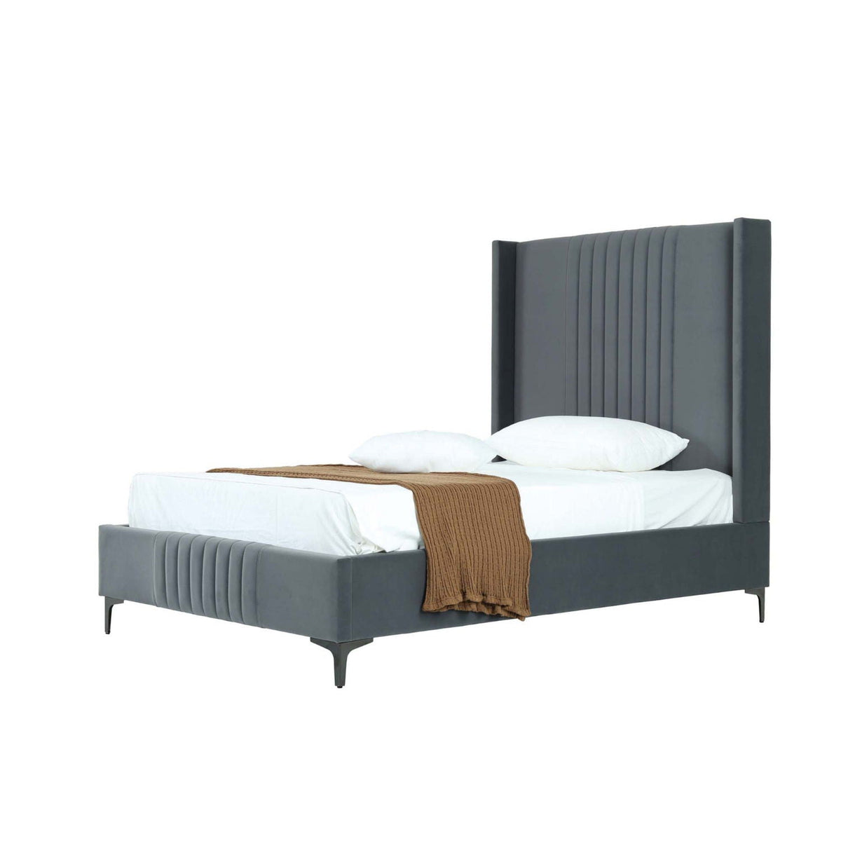Promenade upholstered bed with tall gray headboard and slatted base HouseOfZazla on Tampa Home & Garden Store
