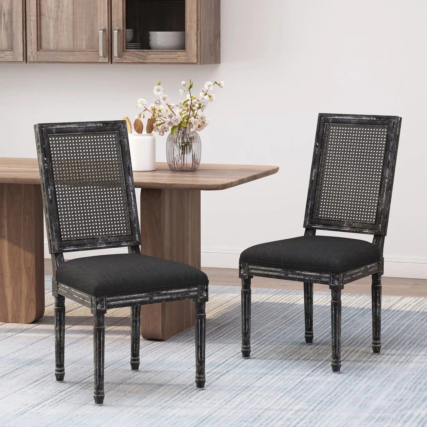 French Country dining chair with rectangular cane back and black upholstered seat, set of 2 on Tampa Home & Garden Store