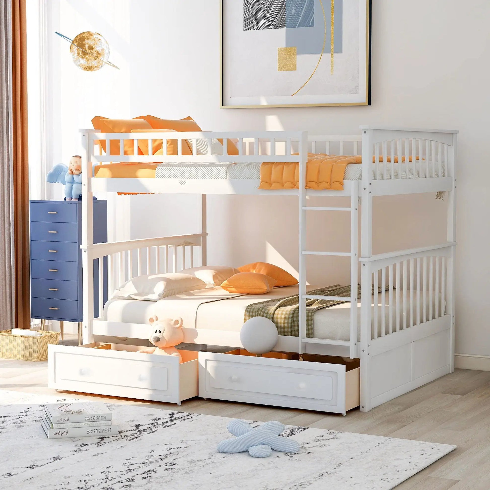 White bunk bed with drawers, convertible design by Unique Piece Furniture, orange bedding on Tampa Home & Garden Store