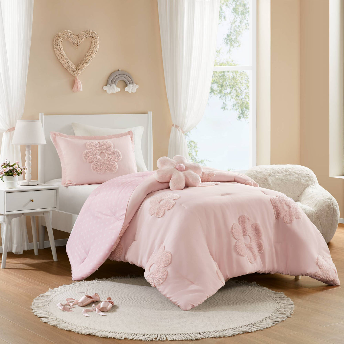 3-Piece Twin Floral Reversible Tufted Chenille Comforter Set pink by HouseOfZazla on Tampa Home & Garden Store