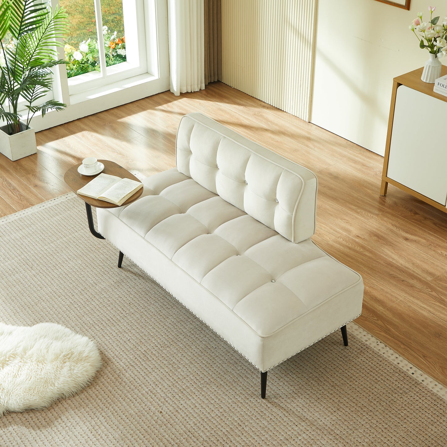Modern Velvet Sofa with Rotating Side Table