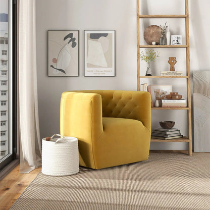 Delaney ergonomic swivel chair mustard yellow in a modern living room with abstract art on Tampa Home & Garden Store