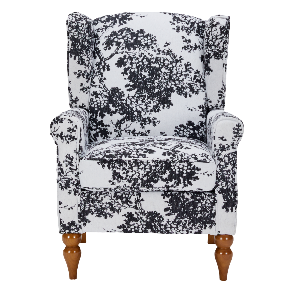 HouseOfZazla armchair in black and white damask upholstery with wooden turned legs on Tampa Home & Garden Store