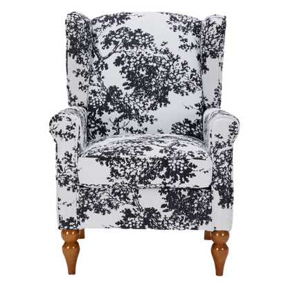 HouseOfZazla armchair in black and white damask upholstery with wooden turned legs on Tampa Home & Garden Store
