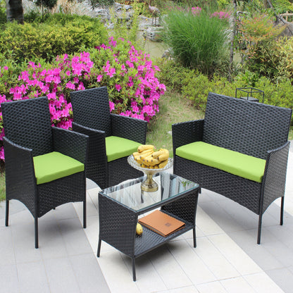 4 pc rattan patio furniture set with black wicker and lime cushions on Tampa Home & Garden Store