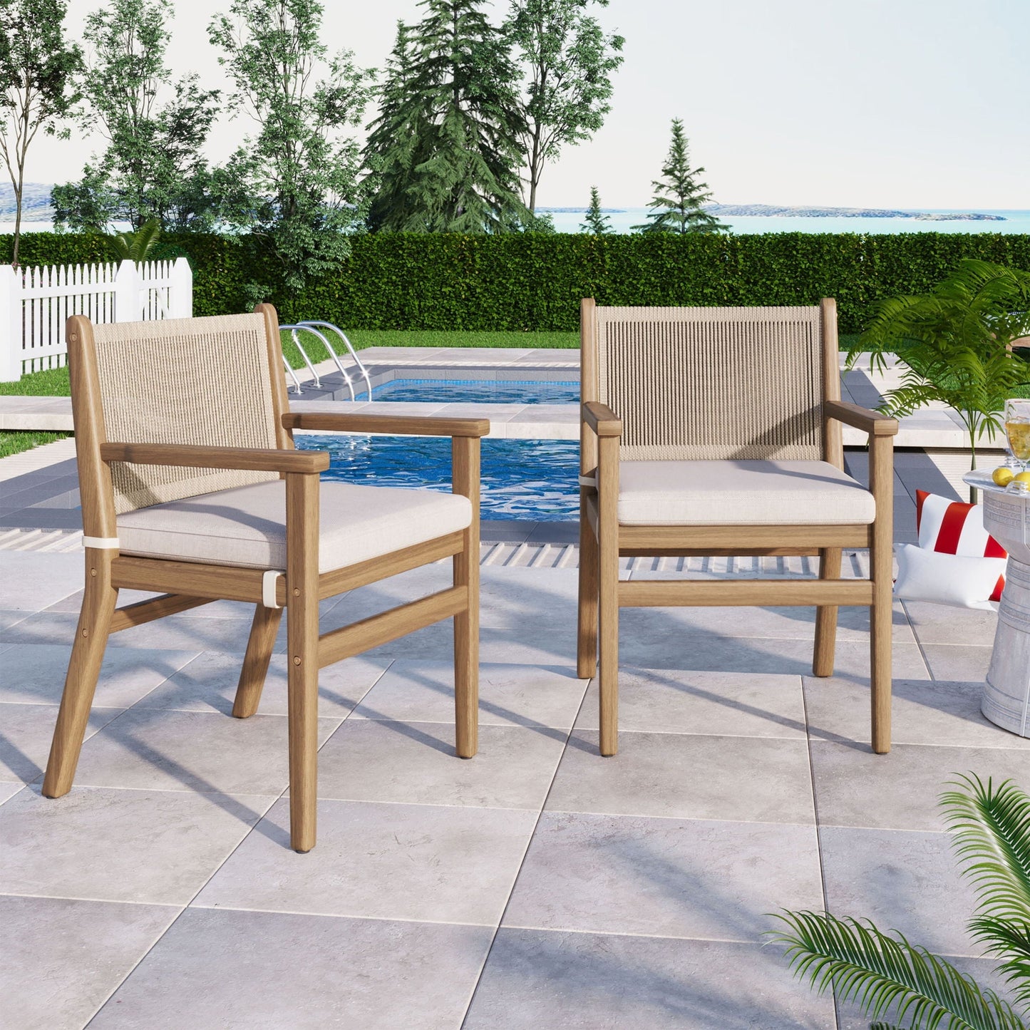 Outdoor Acacia Wood Patio Dining Armchairs (Set of 2) with woven backs by HouseOfZazla on Tampa Home & Garden Store