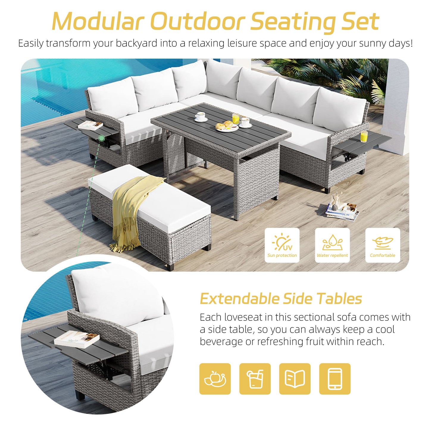 Tomax 5-Piece Outdoor Patio Rattan Sofa Set in gray wicker with white cushions by HouseOfZazla on Tampa Home & Garden Store