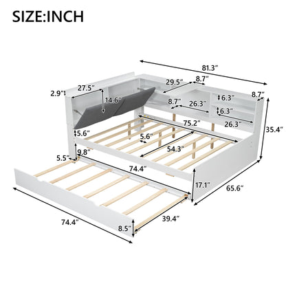 Platform bed with trundle and storage headboard in white, includes shelves and slatted base on Tampa Home & Garden Store