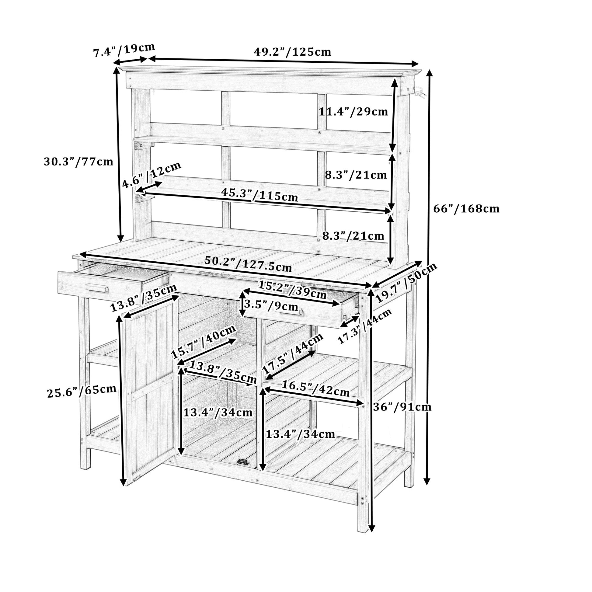 Topmax 66'' outdoor farmhouse wooden potting bench by HouseOfZazla with dimensions diagram on Tampa Home & Garden Store