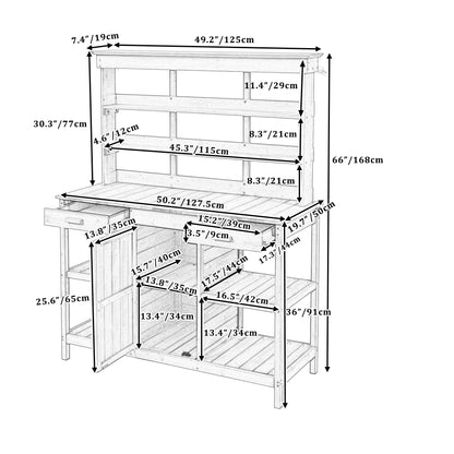 Topmax 66'' outdoor farmhouse wooden potting bench by HouseOfZazla with dimensions diagram on Tampa Home & Garden Store