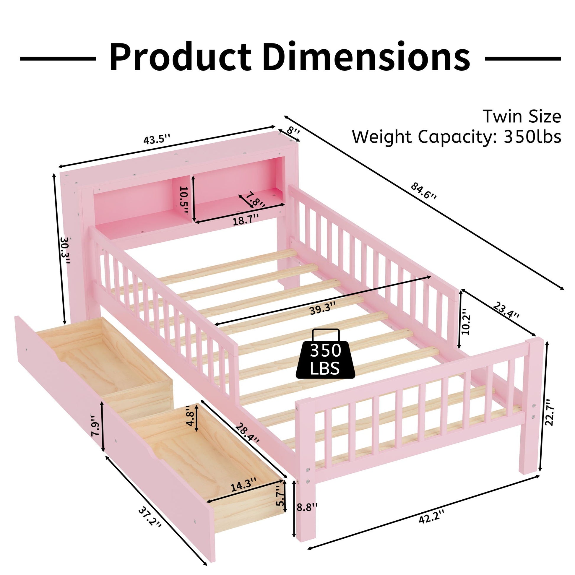 Pink storage bed with headboard rack, 2 under-bed drawers, 3 guardrails by HouseOfZazla on Tampa Home & Garden Store