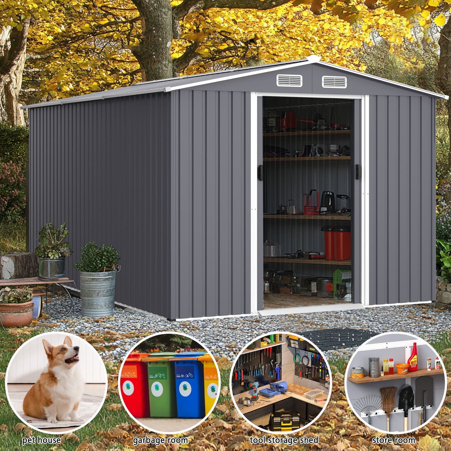 Large Metal Storage Shed and Heavy Sliding Doors