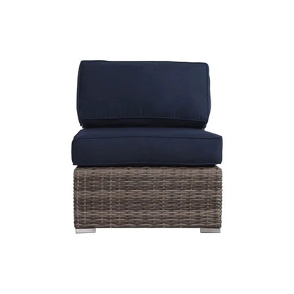 Modern patio rattan sectional set with navy cushions, brown wicker base on Tampa Home & Garden Store