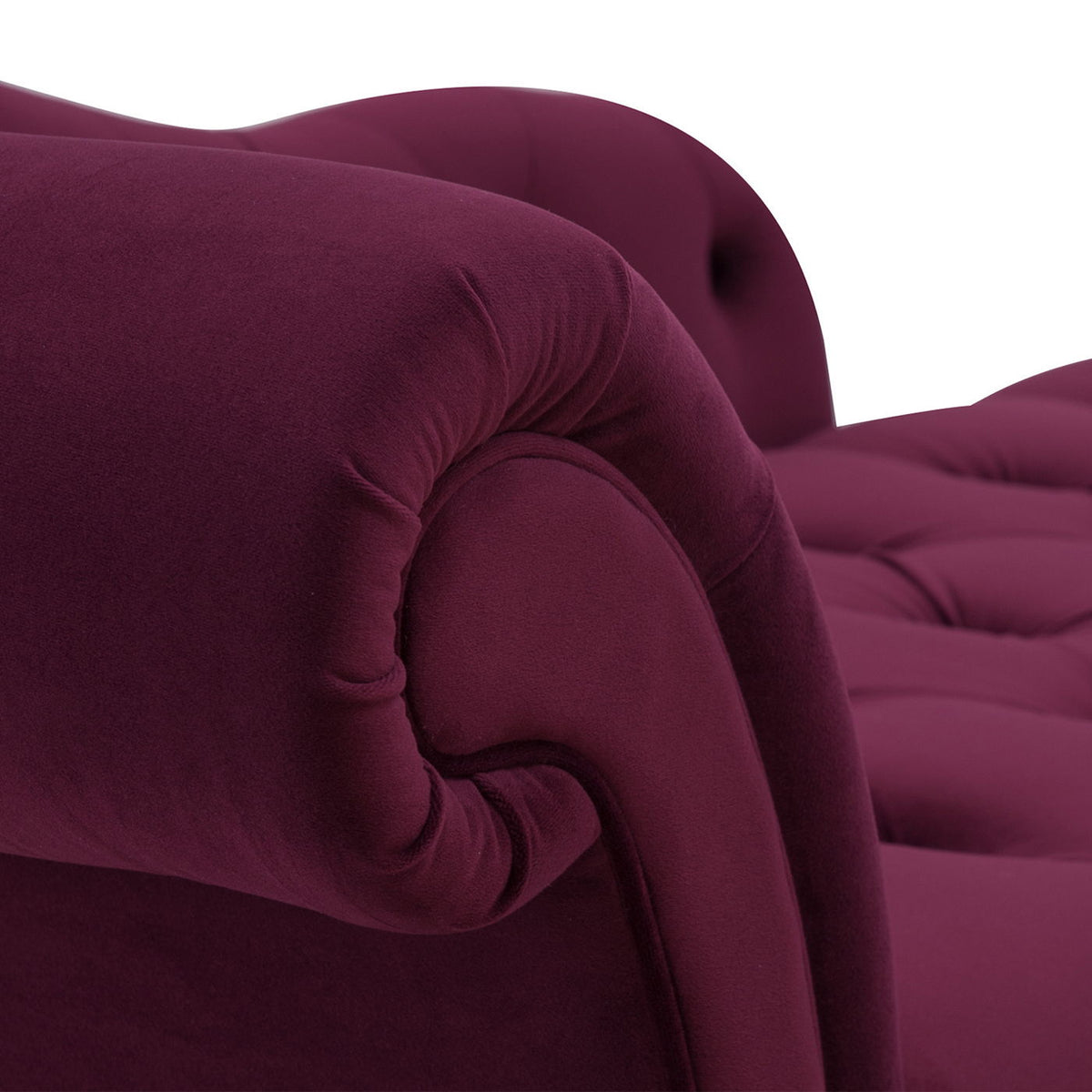 Tufted roll-arm chaise lounge in deep burgundy velvet with premium foam cushions on Tampa Home & Garden Store