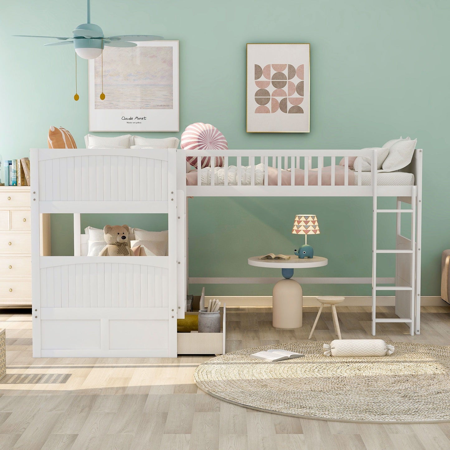 Bunk bed with loft and 2 drawers by HouseOfZazla, white wood with ladder in mint room on Tampa Home & Garden Store