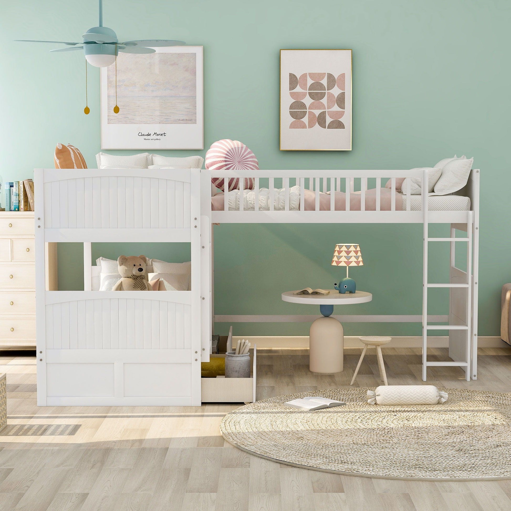 Bunk bed with loft and 2 drawers by HouseOfZazla, white wood with ladder in mint room on Tampa Home & Garden Store