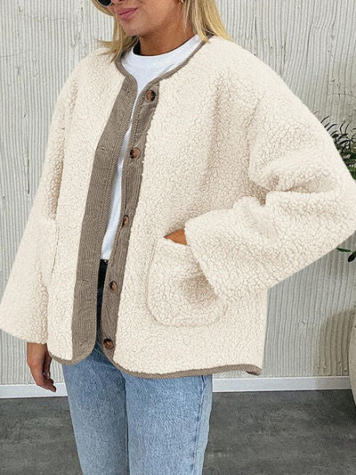 Stevvex Modern Cozy Sherpa Jacket with contrast brown button placket and pockets, cream on Tampa Home & Garden Store