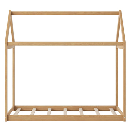 Wooden house-shaped platform bed frame in natural oak finish with slatted base on Tampa Home & Garden Store