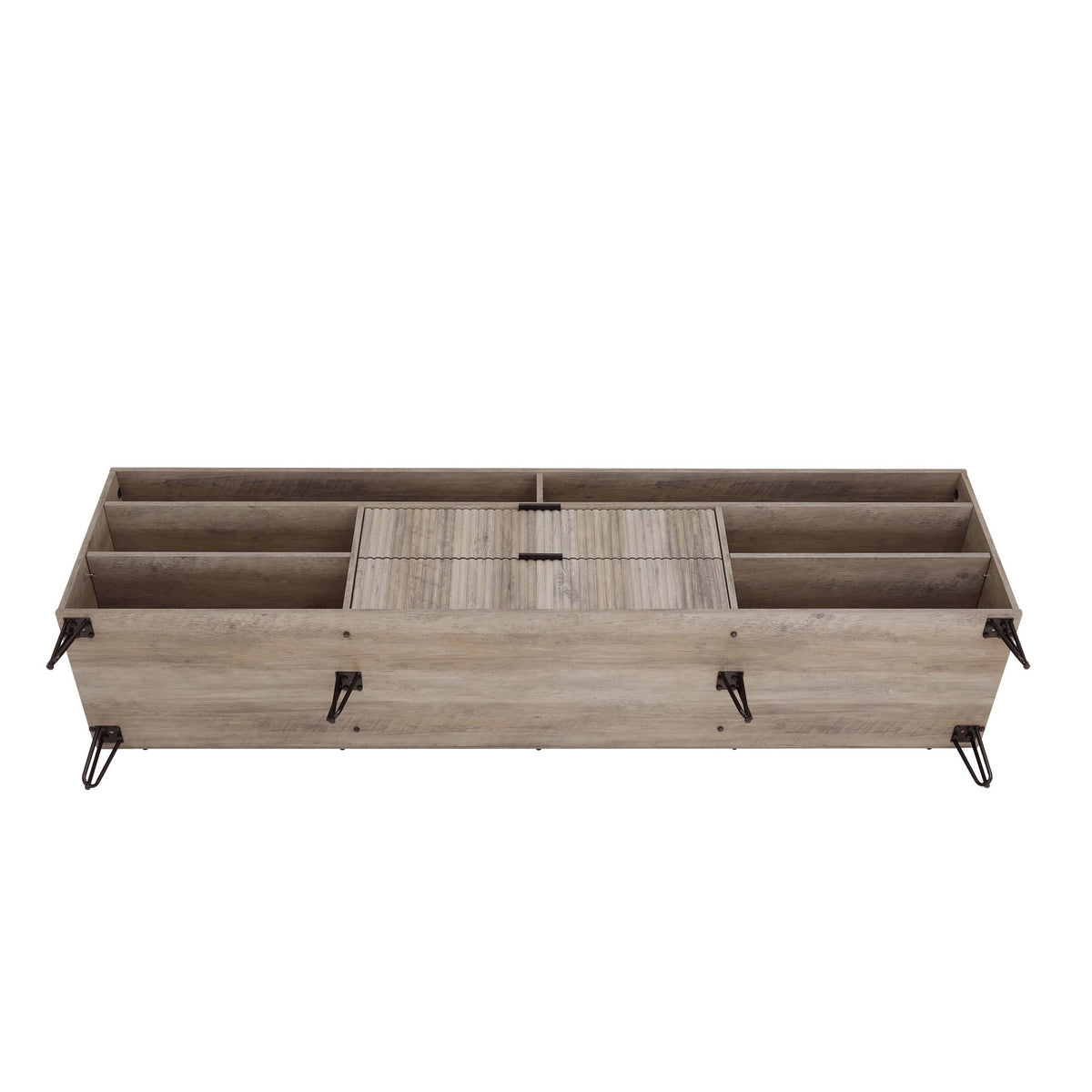 Fluted TV stand with storage, grooved drawer panels, natural wood finish, metal legs on Tampa Home & Garden Store