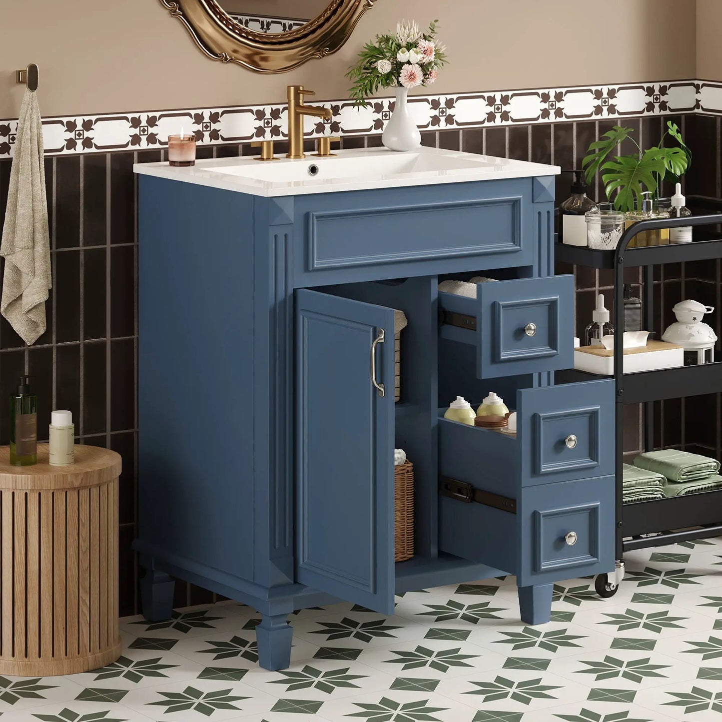 Blue Bathroom Vanity with Ceramic Sink Drawers