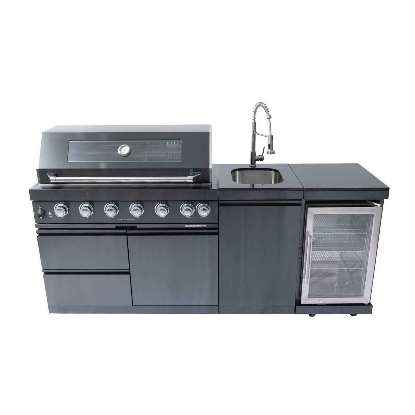 6-burner outdoor kitchen island grill with sink and built-in wine cooler in black finish on Tampa Home & Garden Store