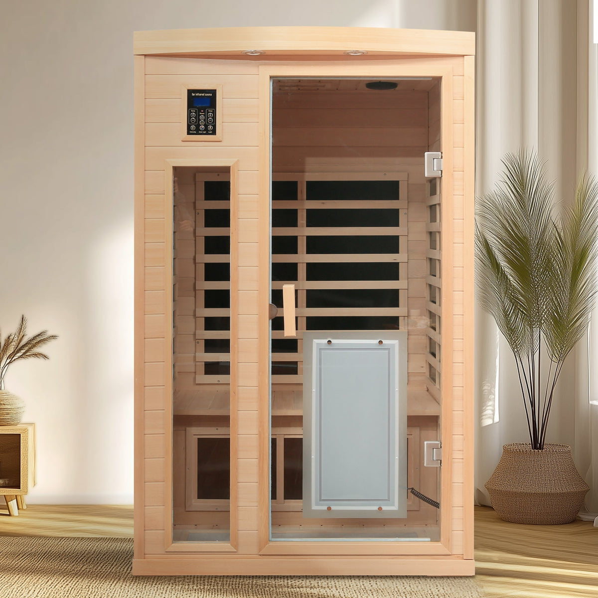 Two-person infrared sauna in Hemlock wood with glass door and touch control on Tampa Home & Garden Store