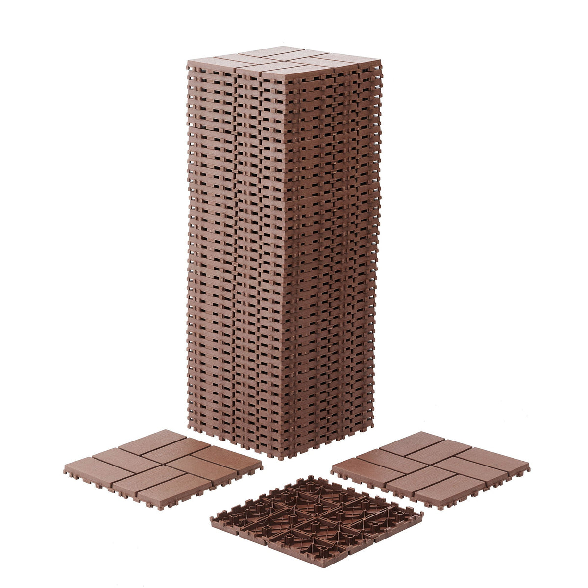 Interlocking deck tiles 44-pack in dark brown, stacked with connectors, easy install on Tampa Home & Garden Store