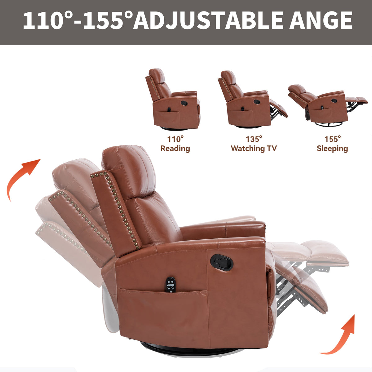 Red genuine leather heat massage manual recliner chair by HouseOfZazla; 3 recliners shown on Tampa Home & Garden Store